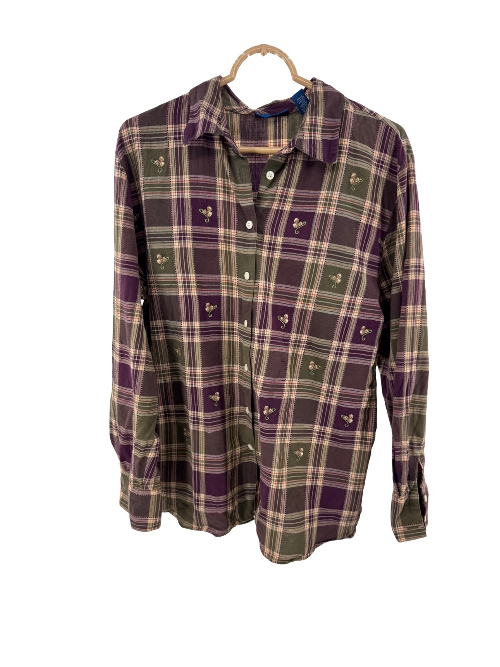 Karen Scott Purple Olive Plaid Button up Shirt with Embroidery acorns fall L